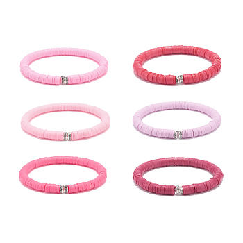 6Pcs 6 Colors Handmade Polymer Clay Heishi Surfer Stretch Bracelet Sets, Preppy Jewelry for Women, Pink, Inner Diameter: 2-3/8 inch(5.9cm), 1Pc/color