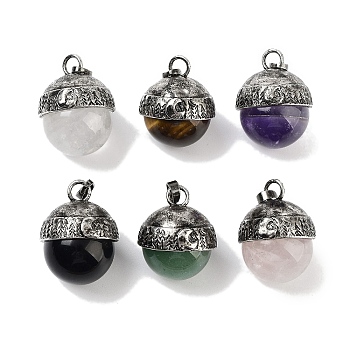 Natural Mixed Gemstone Sphere Pendants, Rack Plating Antique Silver Plated Brass Round Charms, Cadmium Free & Lead Free, 24~27x19.5x20mm, Hole: 6x4mm
