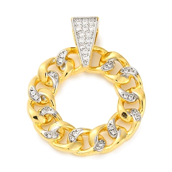 Rack Plating Brass Micro Pave Cubic Zirconia Pendants, Cadmium Free & Lead Free, with Link Chain Shape, Round, Real 18K Gold Plated, 30x25x6.5mm, Hole: 4x4mm