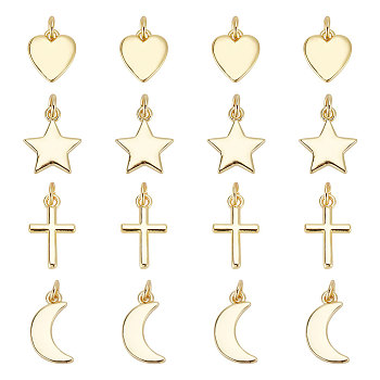 BENECREAT 16Pcs 4 Style Brass Pendants Sets, Long-Lasting Plated, Cross & Moon & Heart & Star, Real 18K Gold Plated, 9.5~13.5x8~10x1~1.5mm, Hole: 3.5mm, 4pcs/style