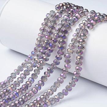 Electroplate Transparent Glass Beads Strands, Full Rainbow Plated, Faceted, Rondelle, Lilac, 4x3mm, Hole: 0.4mm, about 123~127pcs/strand, 16.5~16.9 inch(42~43cm)