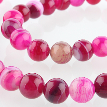 Natural Striped Agate/Banded Agate Round Bead Strands, Dyed, Deep Pink, 8mm, Hole: 1mm, about 49pcs/strand, 14.96 inch