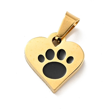 304 Stainless Steel Manual Polishing Enamel Pendants, Heart with Paw Print, Golden, 15.5x15x2.5mm, Hole: 3.5x6.6mm