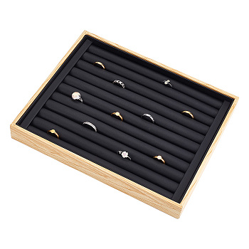10-Slot Wood Ring Organizer Display Trays, Finger Ring Earring Storage Holder with Imitation Leather and Sponge Inside, Rectangle, Black, 21.1x26.1x3.1cm