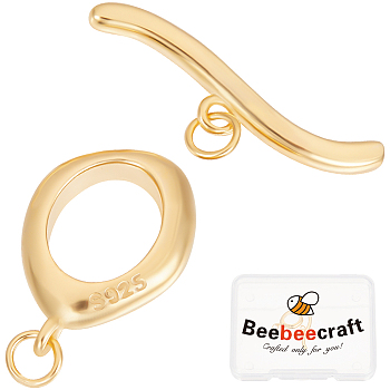 1Pc 925 Sterling Silver Toggle Clasps, Oval, with 925 Stamp, Golden, 14x9.5x3mm, Hole: 2mm, Bar: 19.5x5x2mm, Hole: 2mm