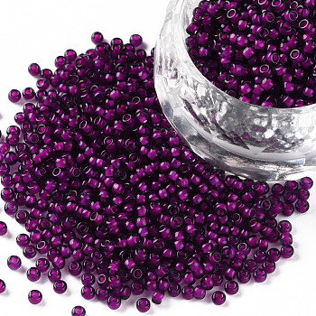 12/0 Grade A Round Glass Seed Beads, Transparent Inside Colours, Purple, 2x1.5mm, Hole: 0.7mm, about 5388pcs/50g
