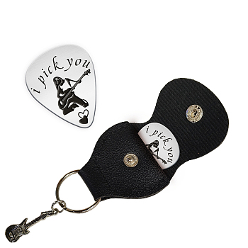 201 Stainless Steel Guitar Picks, with Black PU Leather Guitar Picks Holder, Plectrum Guitar Accessories, Guitar, Picks: 35x28mm, Holder: 110x52mm