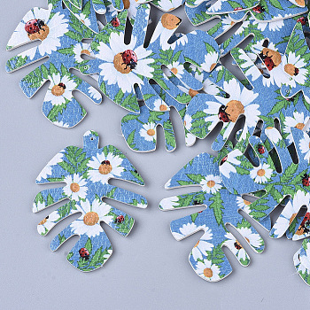 PU Leather Big Pendants, Double-Sided Printing, Daisy Flower Pattern, Leaf, Deep Sky Blue, 55x43x2mm, Hole: 1mm