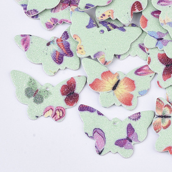 PU Leather Pendants, with Double Sided Glitter Powder, Butterfly, Aquamarine, 32.5x48x1.5~2mm, Hole: 2.5mm