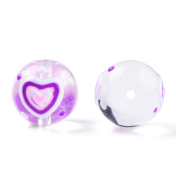 Transparent Handmade Lampwork Beads, Round with Heart Pattern, Dark Violet, 17x16x15mm, Hole: 1.8~2mm