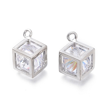 Hollow Brass Micro Clear Cubic Zirconia Charms, Faceted, Long-Lasting Plated, Cube, Platinum, 14.7x10.4x7.3mm, Hole: 1.5mm