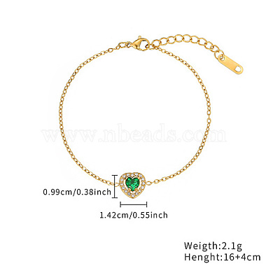 Cubic Zirconia Heart Link Bracelet with Golden Stainless Steel Chains(OQ9710-4)-2