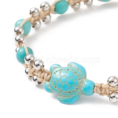 Synthetic Turquoise Tortoise & Brass Round Braided Bead Bracelet(BJEW-TA00189-01)-4
