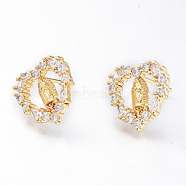 Brass Micro Pave Cubic Zirconia Ear Studs, Long-Lasting Plated, Heart with Virgin Mary, Golden, Clear, 15x13mm, Pin: 0.8mm(EJEW-G279-02G-02)