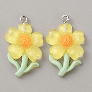 Translucent Resin Pendants, Glitter Flower Charms with Platinum Plated Iron Loops, Yellow, 30x19x5.5mm, Hole: 1.5mm(RESI-TAC0004-32P-01)