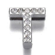 Alloy Letter Slide Charms, with Crystal Rhinestone, Cadmium Free & Lead Free, Platinum, Letter.T, 20x17.5x7mm, Hole: 2.5x17.5mm(RB-F034-01T-P-RS)