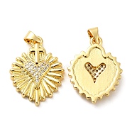 Rack Plating Brass Micro Pave Clear Cubic Zirconia Pendants, Long-Lasting Plated, Cadmium Free & Lead Free, Heart with Cross Charm, Real 18K Gold Plated, 24x18x3.5mm, Hole: 5x3mm(KK-Q784-17G)