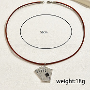 Retro Alloy Hip-hop Style Playing Card Pendant Necklaces, PU Leather Cord Necklaces, Silver, 22.83 inch(58cm)(LE7293-3)