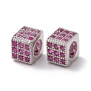 925 Sterling Silver Beads, with Cubic Zirconia, Real Platinum Plated, Cube, Hot Pink, 5x6x6mm, Hole: 3.5mm(STER-Z005-14B-02)