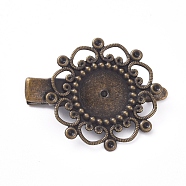 Hair Accessories Iron Alligator Hair Clip Findings, with Brass Filigree Flower Cabochon Bezel Settings, Antique Bronze, Tray: 12mm, 34.5mm, Flower: 28mm(IFIN-L035-01AB-NF)