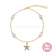 925 Sterling Silver Cable Chain Anklet, Natural Freshwater Pearls, Micro Pave Grade 4A Cubic Zirconia Star Charm, Real 14K Gold Plated, 8-7/8 inch(22.5cm)(AJEW-Z029-12G)