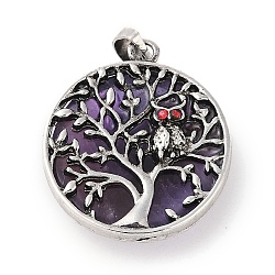 Natural Amethyst Tree of Life with Owl Pendants, Rack Plating Anstique Silver Plated Alloy Siam Rhinestone Flat Round Charms, Lead Free & Cadmium Free, 31.5x27.5x10~11mm, Hole: 8x4mm(G-L524-15AS-06)