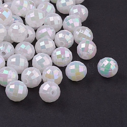 Plating Eco-Friendly Poly Styrene Acrylic Beads, White, AB color, Faceted Round, about 8mm in diameter, hole: 1mm, about 2000pcs/500g(PL421-1)