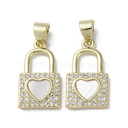 Brass Micro Pave Cubic Zirconia Pendants, with Shell, Lock with Heart Pattern, Real 18K Gold Plated, 18x10x2mm, Hole: 3.5x4mm(KK-G485-06G)