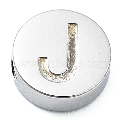 Tarnish Resistant 304 Stainless Steel Beads, Flat Round with Letter, Stainless Steel Color, Letter J, 8x3mm, Hole: 1.6mm(STAS-H219-15P-J)