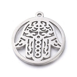 304 Stainless Steel Pendants, Manual Polishing, Flat Round with Hamsa Hand/Hand of Fatima/Hand of Miriam, Stainless Steel Color, 28.5x25.5x1.2mm, Hole: 1.8mm(STAS-L245-017P)