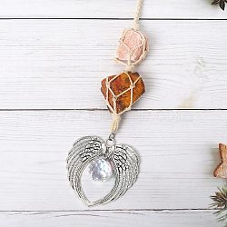 Natural Tiger Eye & Natural Rose Quartz Nugget Cotton Rope Macrame Pendant Decorations, with Alloy Wing, Glass Sun Catchers, Ball Prism for Chandelier Ceiling, 280mm(PW-WG40490-06)