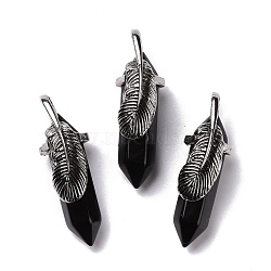 Natural Obsidian Pendants, with Antique Silver Tone Brass Findings, Cadmium Free & Lead Free, Double Terminal Pointed Bullet with Leaf, 44~47x14~15x14~15mm, Hole: 6.2x3.5mm(G-E059-04AS-01)