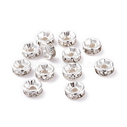Brass with Crystal Rhinestone Spacer Beads, Cadmium Free & Lead Free, Flat Round, Silver, 6x2.5mm, Hole: 1.6mm(KK-G418-14S)