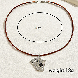 Retro Alloy Hip-hop Style Playing Card Pendant Necklaces, PU Leather Cord Necklaces, Silver, 22.83 inch(58cm)(LE7293-3)