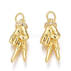 Brass Micro Pave Clear Cubic Zirconia ASL Pendants, Peace Hand Charms, Long-Lasting Plated, with Jump Rings, Yeah Gesture Pendants, Real 18K Gold Plated, 21x9x5.5mm, Hole: 3mm, Jump Ring: 5x1mm(ZIRC-Z008-32G)