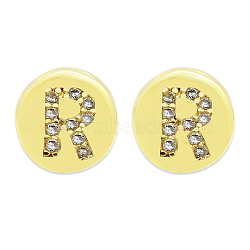 Brass Micro Pave Clear Cubic Zirconia Beads, Flat Round with Letter, Letter.R, 7.5x6.5mm, Hole: 3.5mm, 3pcs/bag(KK-T030-LA843-RX3)