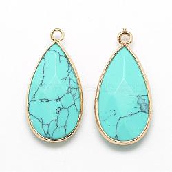 Synthetic Turquoise Pendants, with Golden Tone Brass Findings, Faceted, teardrop, Pale Turquoise, 32.5~33x16x6mm, Hole: 2.5mm(G-S221-18G)