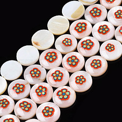 Natural Freshwater Shell Enamel Beads, Flat Round with Flower, Red, 11x3mm, Hole: 0.8mm, about 32pcs/strand, 14.37 inch(36.5cm)(SHEL-N026-194-01)