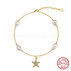 925 Sterling Silver Cable Chain Anklet, Natural Freshwater Pearls, Micro Pave Grade 4A Cubic Zirconia Star Charm, Real 14K Gold Plated, 8-7/8 inch(22.5cm)(AJEW-Z029-12G)