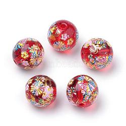 Printed Glass Beads, Round with Flower Pattern, Red, 10x9mm, Hole: 1.5mm(GFB-Q001-10mm-D07)