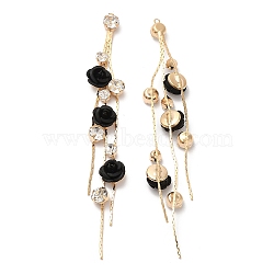 Real 18K Gold Plated Brass with Glass Rhinestone Tassel Big Pendants, Acrylic Flower Charms, Black, 85mm, Hole: 1mm(KK-B074-14G-01)