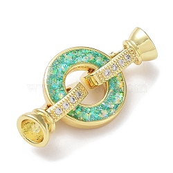 Rack Plating Brass Micro Pave Clear Cubic Zirconia Fold Over Ring Clasps, with Resin Imitation Opal, Cadmium Free & Lead Free, Real 18K Gold Plated, Long-Lasting Plated, Lime Green, 30mm(KK-F858-08G-01)