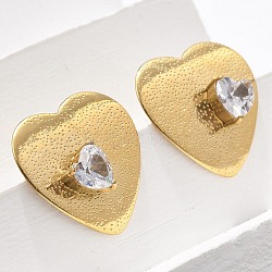 Brass & Glass & Plastic Stud Earrings, Real 18K Gold Plated, Heart, 20x20mm(EJEW-D302-03G-01A)