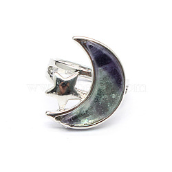 Moon & Star Natural Fluorite Adjustable Rings, Metal Jewely for Women, Inner Diameter: Adjustable(PW-WGCB712-03)