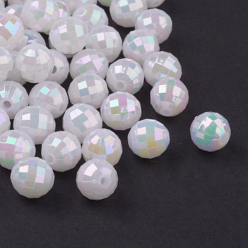 Plating Eco-Friendly Poly Styrene Acrylic Beads, White, AB color, Faceted Round, about 8mm in diameter, hole: 1mm, about 2000pcs/500g