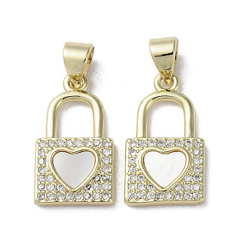 Brass Micro Pave Cubic Zirconia Pendants, with Shell, Lock with Heart Pattern, Real 18K Gold Plated, 18x10x2mm, Hole: 3.5x4mm