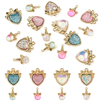 16Pcs 8 Styles Resin Pendants, with Light Gold Tone Alloy Findings, Heart & Unicorn Charms, Mixed Color, 17.5~20.5x10.5~19.5x4.5~7mm, Hole: 1.4~1.6mm, 2pcs/style