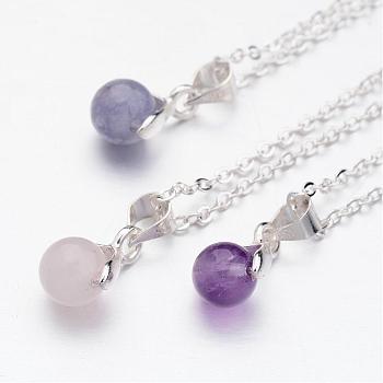 Natural Mixed Stone Pendants Necklaces, with Brass Chains, Round, Silver Color Plated, 18.11 inch