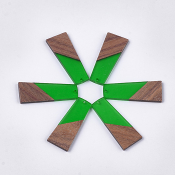 Resin & Walnut Wood Pendants, Trapezoid, Green, 49~49.5x19~19.5x3.5mm, Hole: 2mm