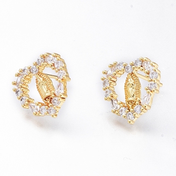 Brass Micro Pave Cubic Zirconia Ear Studs, Long-Lasting Plated, Heart with Virgin Mary, Golden, Clear, 15x13mm, Pin: 0.8mm